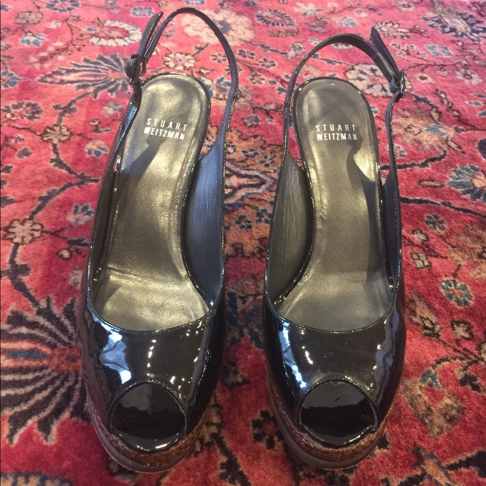 Stuart weitzman black sling back heels patent